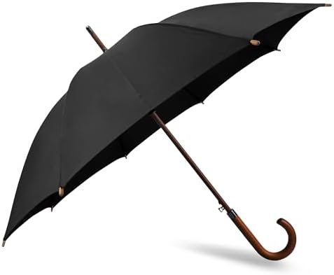 SoulRain Regenschirm schwarz – Robuster XXL Stockschirm mit Holzgriff & Automatik-Öffnung für Hochzeit/Golf/Wetterfest