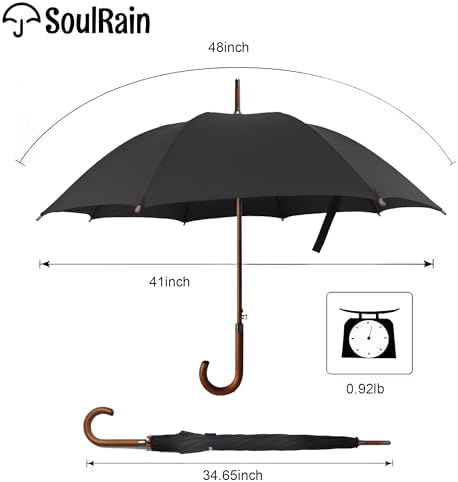 SoulRain Regenschirm schwarz – Robuster XXL Stockschirm mit Holzgriff & Automatik-Öffnung für Hochzeit/Golf/Wetterfest