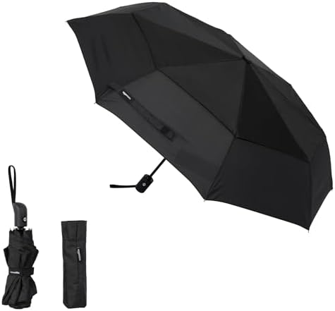 Amazon Basics Automatischer Reise-Regenschirm, kompakt & winddicht, ideal für unterwegs, Schwarz
