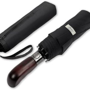 Balios Regenschirm mit echtem Holzgriff – Automatik, sturmfest & windsicher, ideal für Herren und Damen, elegant in Schw