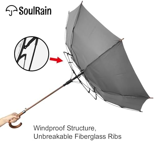 SoulRain Regenschirm schwarz – Robuster XXL Stockschirm mit Holzgriff & Automatik-Öffnung für Hochzeit/Golf/Wetterfest