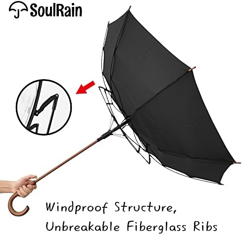 SoulRain Regenschirm schwarz – Robuster XXL Stockschirm mit Holzgriff & Automatik-Öffnung für Hochzeit/Golf/Wetterfest