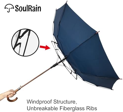 SoulRain Regenschirm schwarz – Robuster XXL Stockschirm mit Holzgriff & Automatik-Öffnung für Hochzeit/Golf/Wetterfest