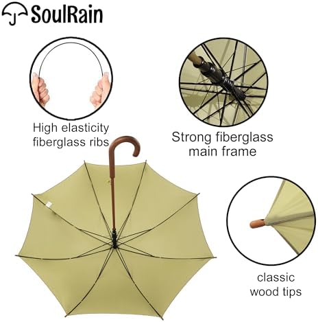 SoulRain Regenschirm schwarz – Robuster XXL Stockschirm mit Holzgriff & Automatik-Öffnung für Hochzeit/Golf/Wetterfest