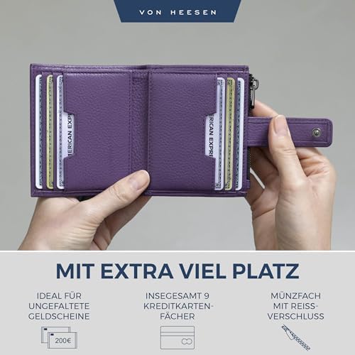 VON HEESEN Leder Kartenetui mit RFID-Schutz - Elegante Geldbörse für Damen & Herren in Violett mit Münzfach