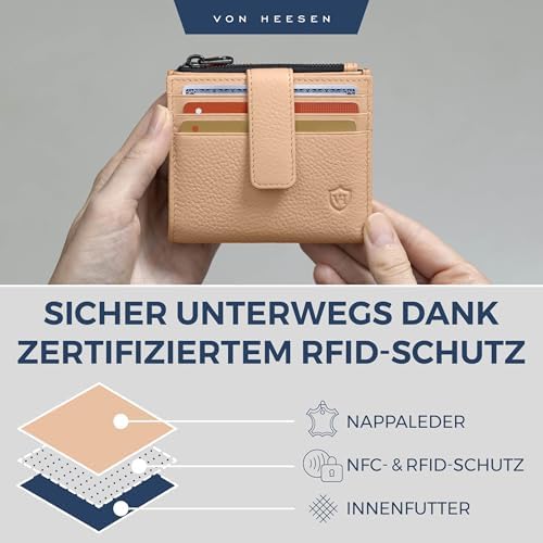 VON HEESEN Leder Kartenetui mit RFID-Schutz - Elegante Geldbörse für Damen & Herren in Violett mit Münzfach