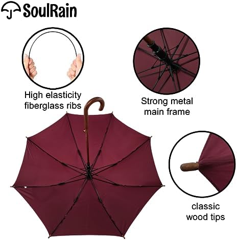 SoulRain Regenschirm schwarz – Robuster XXL Stockschirm mit Holzgriff & Automatik-Öffnung für Hochzeit/Golf/Wetterfest