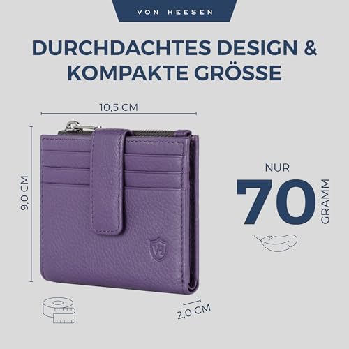 VON HEESEN Leder Kartenetui mit RFID-Schutz - Elegante Geldbörse für Damen & Herren in Violett mit Münzfach