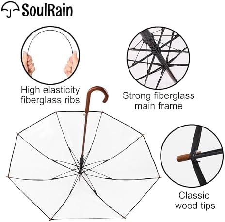 SoulRain Regenschirm schwarz – Robuster XXL Stockschirm mit Holzgriff & Automatik-Öffnung für Hochzeit/Golf/Wetterfest