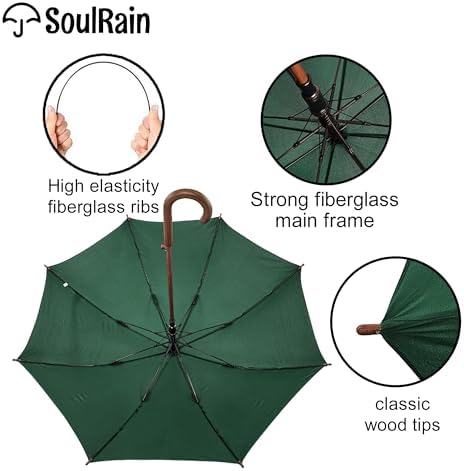SoulRain Regenschirm schwarz – Robuster XXL Stockschirm mit Holzgriff & Automatik-Öffnung für Hochzeit/Golf/Wetterfest
