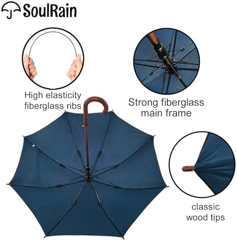 SoulRain Regenschirm schwarz – Robuster XXL Stockschirm mit Holzgriff & Automatik-Öffnung für Hochzeit/Golf/Wetterfest