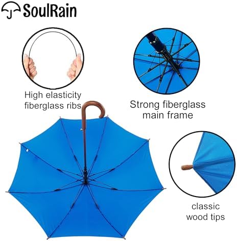 SoulRain Regenschirm schwarz – Robuster XXL Stockschirm mit Holzgriff & Automatik-Öffnung für Hochzeit/Golf/Wetterfest