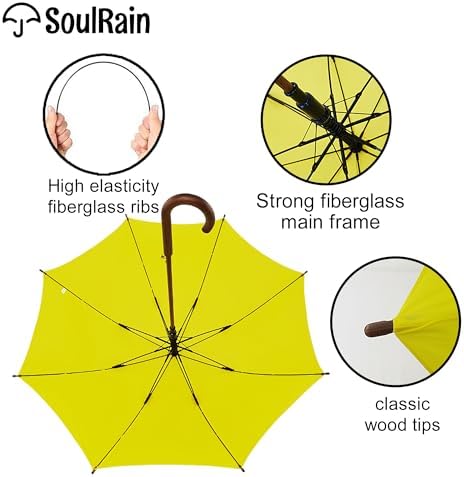 SoulRain Regenschirm schwarz – Robuster XXL Stockschirm mit Holzgriff & Automatik-Öffnung für Hochzeit/Golf/Wetterfest
