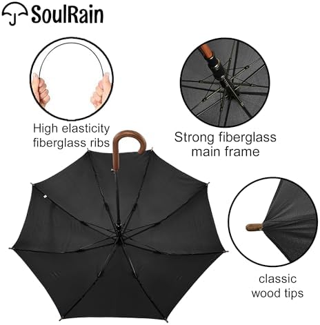 SoulRain Regenschirm schwarz – Robuster XXL Stockschirm mit Holzgriff & Automatik-Öffnung für Hochzeit/Golf/Wetterfest