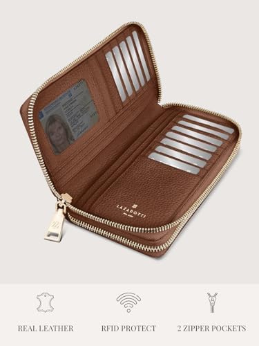 Lazarotti Bologna XL Leder Geldbörse Damen mit RFID-Schutz | 20 Kartenfächer & 2 Reißverschlussfächer für Alltag