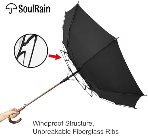 SoulRain Regenschirm schwarz – Robuster XXL Stockschirm mit Holzgriff & Automatik-Öffnung für Hochzeit/Golf/Wetterfest
