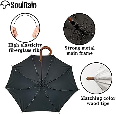 SoulRain Regenschirm schwarz – Robuster XXL Stockschirm mit Holzgriff & Automatik-Öffnung für Hochzeit/Golf/Wetterfest