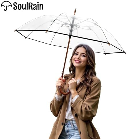 SoulRain Regenschirm schwarz – Robuster XXL Stockschirm mit Holzgriff & Automatik-Öffnung für Hochzeit/Golf/Wetterfest