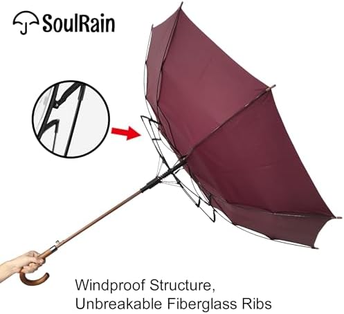 SoulRain Regenschirm schwarz – Robuster XXL Stockschirm mit Holzgriff & Automatik-Öffnung für Hochzeit/Golf/Wetterfest
