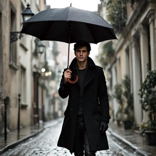 SoulRain Regenschirm schwarz – Robuster XXL Stockschirm mit Holzgriff & Automatik-Öffnung für Hochzeit/Golf/Wetterfest