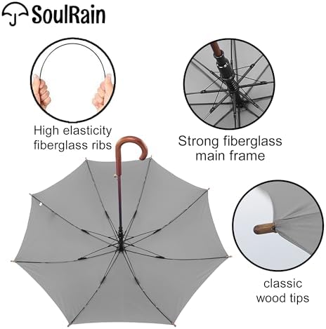 SoulRain Regenschirm schwarz – Robuster XXL Stockschirm mit Holzgriff & Automatik-Öffnung für Hochzeit/Golf/Wetterfest