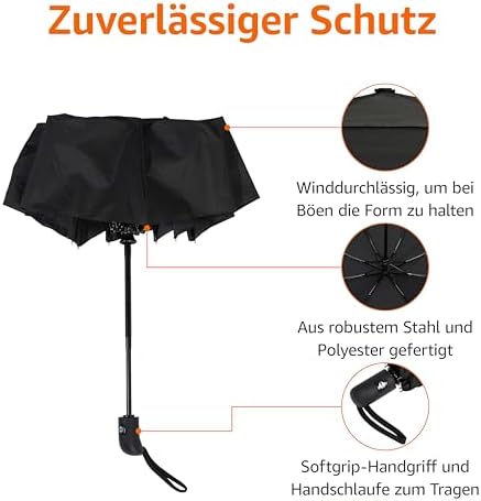 Amazon Basics Automatischer Reise-Regenschirm, kompakt & winddicht, ideal für unterwegs, Schwarz