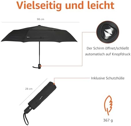 Amazon Basics Automatischer Reise-Regenschirm, kompakt & winddicht, ideal für unterwegs, Schwarz