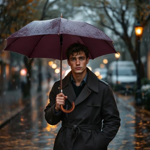 SoulRain Regenschirm schwarz – Robuster XXL Stockschirm mit Holzgriff & Automatik-Öffnung für Hochzeit/Golf/Wetterfest