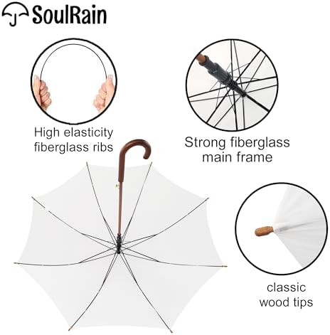 SoulRain Regenschirm schwarz – Robuster XXL Stockschirm mit Holzgriff & Automatik-Öffnung für Hochzeit/Golf/Wetterfest