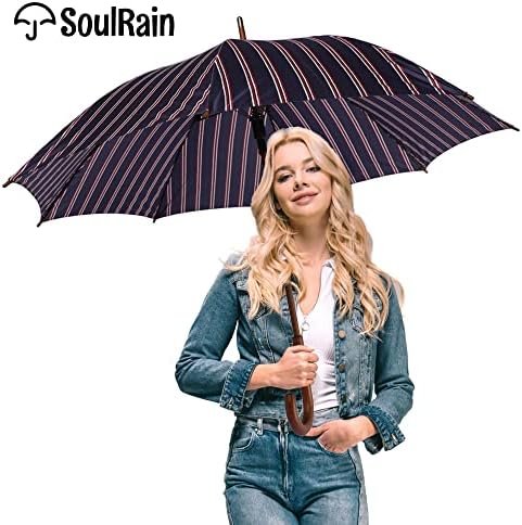SoulRain Regenschirm schwarz – Robuster XXL Stockschirm mit Holzgriff & Automatik-Öffnung für Hochzeit/Golf/Wetterfest