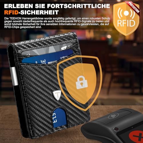 TEEHON Herren Geldbörse Slim Wallet aus Kohlefaserleder mit RFID-Schutz – Minimalistisches Portmonee für Alltag & Reisen