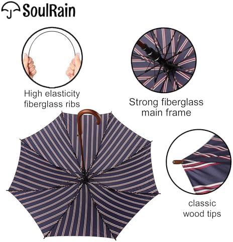 SoulRain Regenschirm schwarz – Robuster XXL Stockschirm mit Holzgriff & Automatik-Öffnung für Hochzeit/Golf/Wetterfest