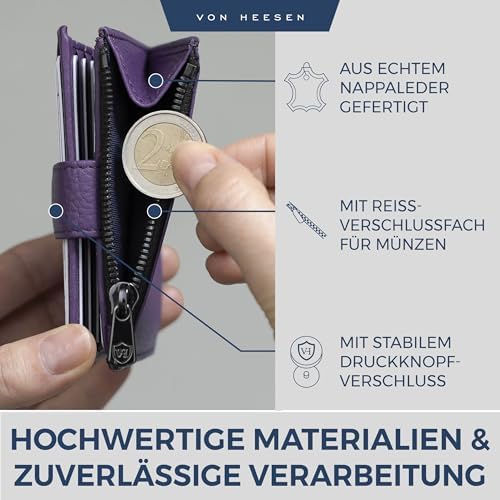 VON HEESEN Leder Kartenetui mit RFID-Schutz - Elegante Geldbörse für Damen & Herren in Violett mit Münzfach
