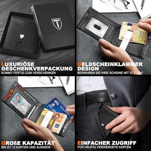 TEEHON Herren Geldbörse Slim Wallet aus Kohlefaserleder mit RFID-Schutz – Minimalistisches Portmonee für Alltag & Reisen