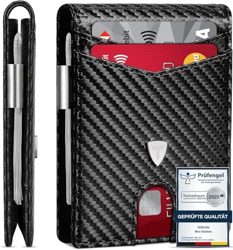 TEEHON Herren Geldbörse Slim Wallet aus Kohlefaserleder mit RFID-Schutz – Minimalistisches Portmonee für Alltag & Reisen