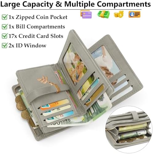 HNOOM Damen Geldbörse klein aus PU Leder mit RFID Blockierung – großer Komfort für unterwegs, 19 Kartenfächer, Reißversc