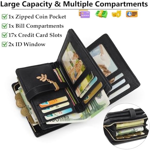 HNOOM Damen Geldbörse klein aus PU Leder mit RFID Blockierung – großer Komfort für unterwegs, 19 Kartenfächer, Reißversc