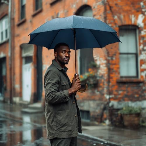 SoulRain Regenschirm schwarz – Robuster XXL Stockschirm mit Holzgriff & Automatik-Öffnung für Hochzeit/Golf/Wetterfest