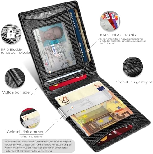 TEEHON Herren Geldbörse Slim Wallet aus Kohlefaserleder mit RFID-Schutz – Minimalistisches Portmonee für Alltag & Reisen