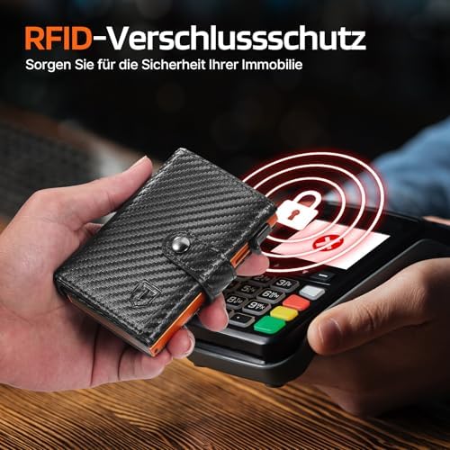 Tomylv Herren Geldbörse mit RFID Schutz – Stilvolles Kohlefaserleder Bi-Fold Portemonnaie für Reisen, Schwarz & Orange