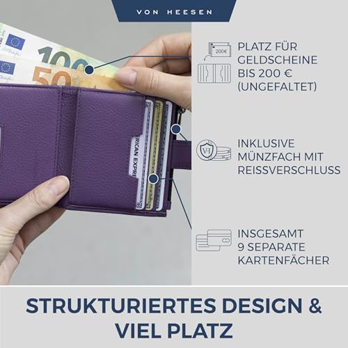 VON HEESEN Leder Kartenetui mit RFID-Schutz - Elegante Geldbörse für Damen & Herren in Violett mit Münzfach