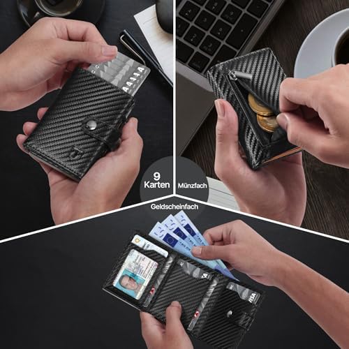 Tomylv Herren Geldbörse mit RFID Schutz – Stilvolles Kohlefaserleder Bi-Fold Portemonnaie für Reisen, Schwarz & Orange