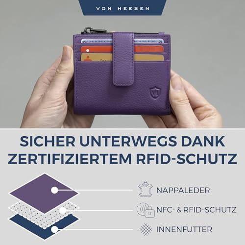 VON HEESEN Leder Kartenetui mit RFID-Schutz - Elegante Geldbörse für Damen & Herren in Violett mit Münzfach