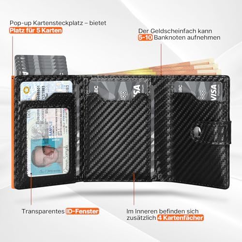 Tomylv Herren Geldbörse mit RFID Schutz – Stilvolles Kohlefaserleder Bi-Fold Portemonnaie für Reisen, Schwarz & Orange