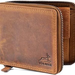 Fa.Volmer Herren Leder Geldbörse mit Reißverschluss - Echtes Rindsleder, RFID-Schutz, ideal für Alltag - Braun