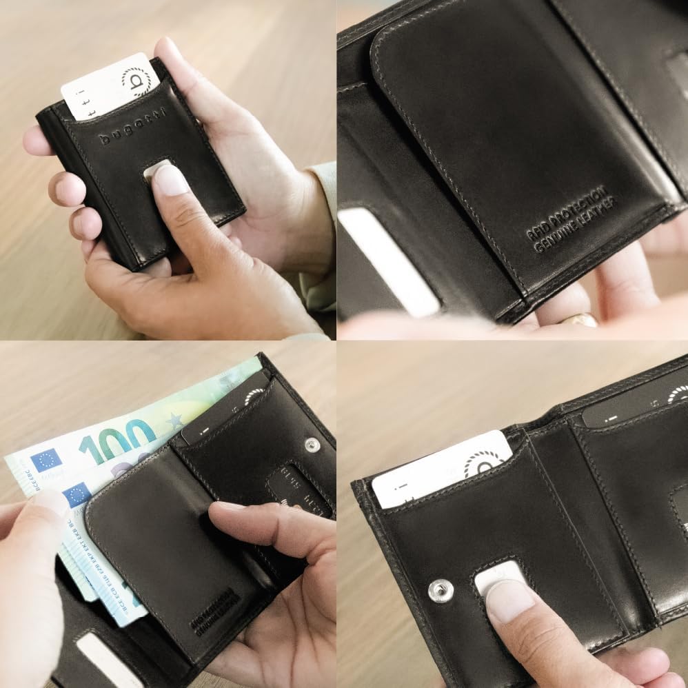 Bugatti Secure Slim Mini Börse aus schwarzem Nappa-Leder mit XL-Münzfach und RFID-Schutz für den stilvollen Alltag